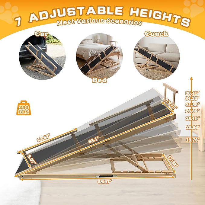7 Adjustable Dog Ramp for Bed, Couch - 63" Foldable Birchwood Dog Ramp with Safety Rails, Non-Slip EVA Surface & DIY Glow in The Dark Strips, Wooden Pet Ramp for Large Dogs Supports 250Lbs