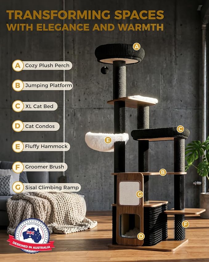 63" Modern Cat Tree Tower for Indoor Cats, Heavy Duty Cat Trees for Large Cat, Adult Maine Coon Cat Tree Tower with Scratching Post, Extra Large Top Perch, Cat Condos, Jet Black