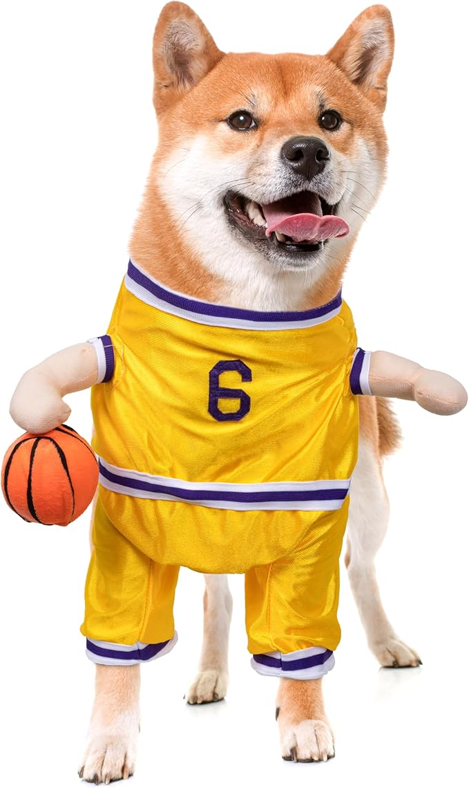 DELIFUR Dog Basketball Player Costume - Pet Halloween Costume Adjustable Funny Dress Up Sports Outfit Cosplay Clothes for Small Medium Dog (Yellow Basketball, Medium)