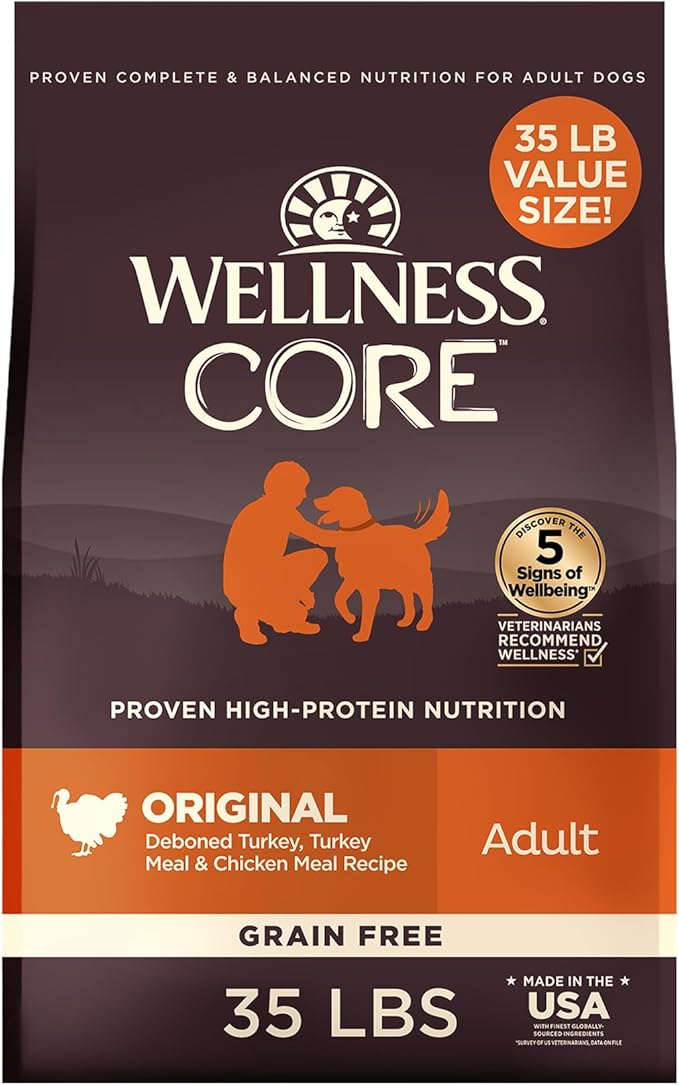 Wellness CORE Adult Dry Dog Food, Grain Free Kibble, Natural, High Protein, Turkey and Chicken Recipe, 35 lb Bag
