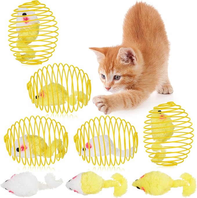 Jecery 5 Pcs Cat Spring Balls Toys Stretchable Rolling Balls Colorful Playful Coils Interactive Action Toy Caged Rats for Kitten Pet Supplies (Yellow Mouse,Yellow)