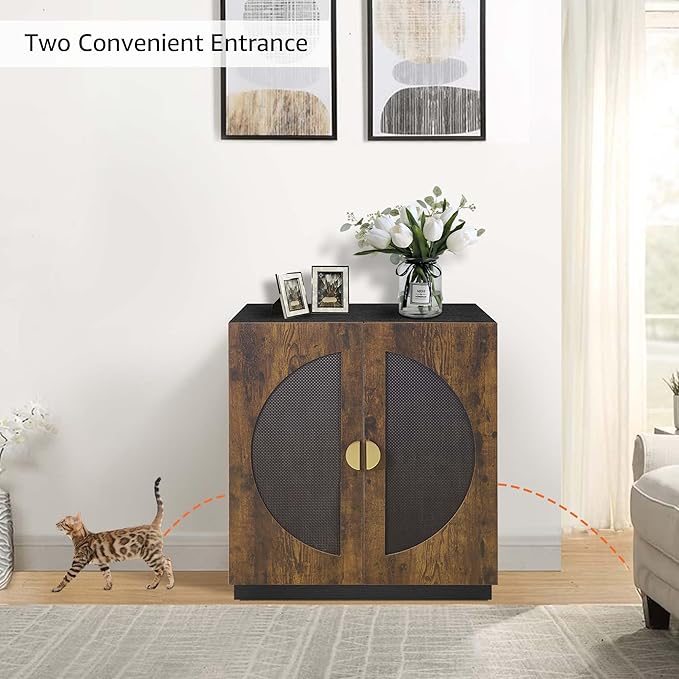 unipaws Tall Cat Litter Box Enclosure with Shelves, Hidden Litter Box Cover for Tall or Top Entry Litter Box, Kitty Enclosed Litter Box Cabinet, Cat Box Furniture, Rustic