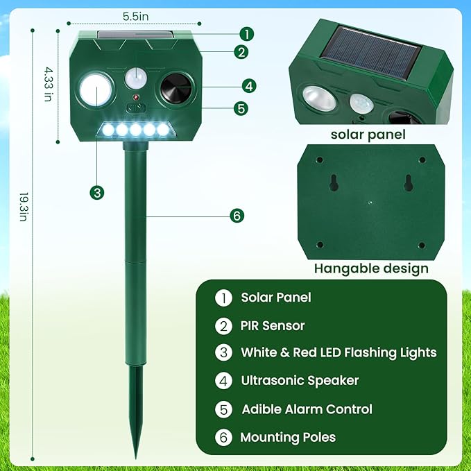 Solar Ultrasonic Animal Repellent Outdoor, 4 Pack Cat Squirrel Raccoon Bird Dog Deer Repellent Devices with PIR Motion Sensor ＆ LED Flash, Waterproof Animal Deterrent for Garden Yard Farm