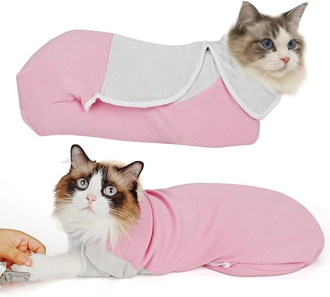 Self-Adhesive Cat Grooming Wrap, Cozy Cat Wrap for Cutting Nails, Breathable Anti-Scratch Cats Swaddle Bag for Brushing, Ear Cleaning, Dental Care, Medication, Injections,Pink L