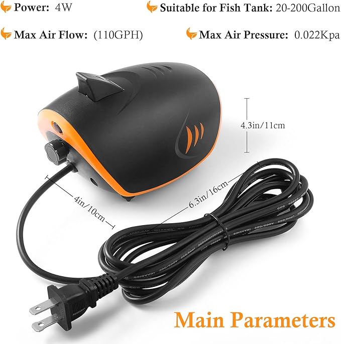 HITOP 4W 110GPH Powerful Aquarium Air Pump, Quiet 2-outlets Aquarium Aerator, Adjustable Fish Tank Air Pump with Accessories, for 20-200 Gallon Tank, with ON/Off Button and LED-Decor