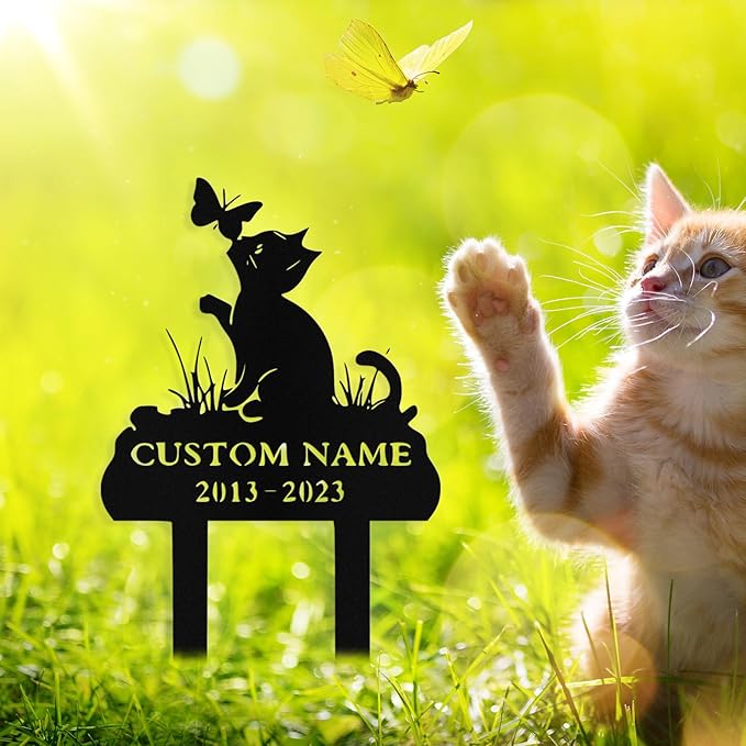 Custom Cat Grave Marker Outdoor, Personalized Metal Cat Memorial Grave Stake with Name and Date, Outdoor Waterrproof Cats Memorial Plaque