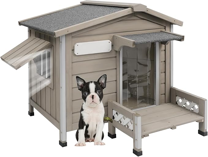 34" L Outdoor Dog House with Porch, Removable Floor, Raised Feet Anti-Chewing Iron Frame – Weatherproof Wooden Dog Kennel for Indoor/Outdoor Use, Ideal for Small to Medium Dogs