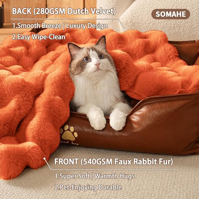 Self-Warming Cat Blanket for Indoor Cats & Small Dogs, Dual-Side Sherpa Plush Throw, Anti-Static Shared Couch Mat for Crate & Travel, Machine Washable No Shrink, 28x22 Inch Orange