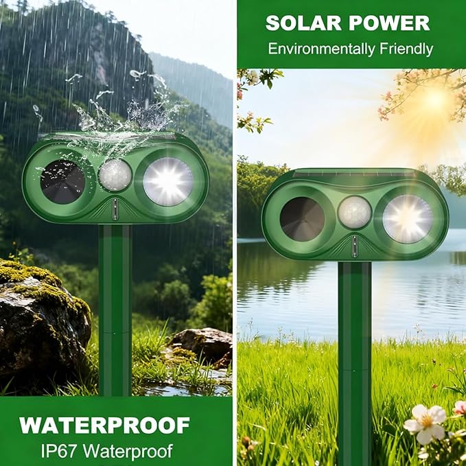 Upgraded Ultrasonic Animal Repeller,Solar Powered Cat Repellent Outdoor,Deer Deterrent with LED Flashing Motion,Sensor and Sound,Waterproof Bird Repeller for Rabbit,Fox,Squirrel,Olive