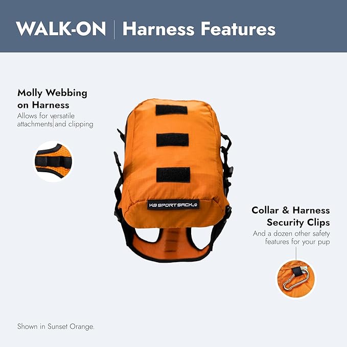 K9 Sport Sack Walk-On - Small, Sunset Orange - Ideal for Dogs with 13-16” Back Length - Lightweight, Packable, Backpack-Style Carrier - Includes Compatible Harness & Storage Bag