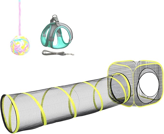 Outdoor Cat Enclosure & Tunnel - Portable Mesh Tent, Cat Playhouse with Adjustable Harness & Leash, Colorful Tease Ball