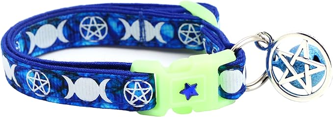 Wicca Cat Collar with Occult Charm & Bell | Witch’s Familiar on Pentacle Cat Collar | Witch Kitten Collar Charms | Glow in The Dark | Safety Breakaway Collar (Small(10lbs & Less), Sapphire)