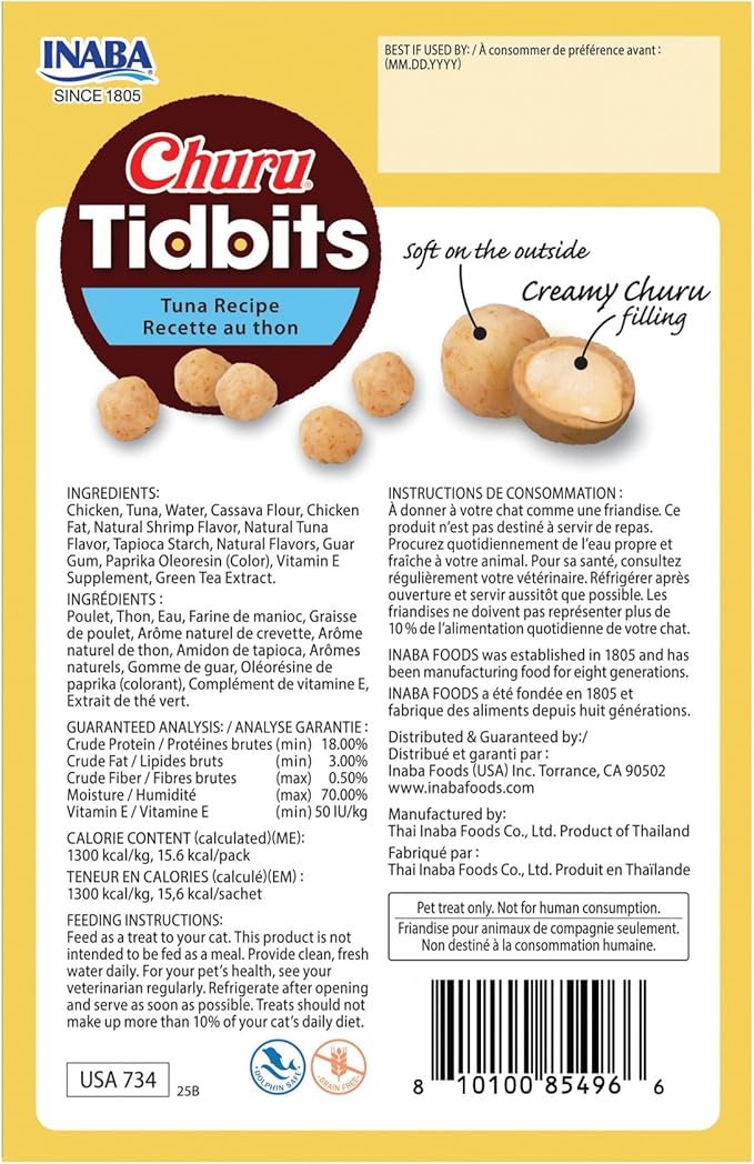 INABA Churu Tidbits for Cats, Soft & Chewy Churu Filled, Baked Chicken Cat Treats with Taurine & Green Tea Extract, 0.42oz per Pack, 8 Packs Total, Tuna Recipe