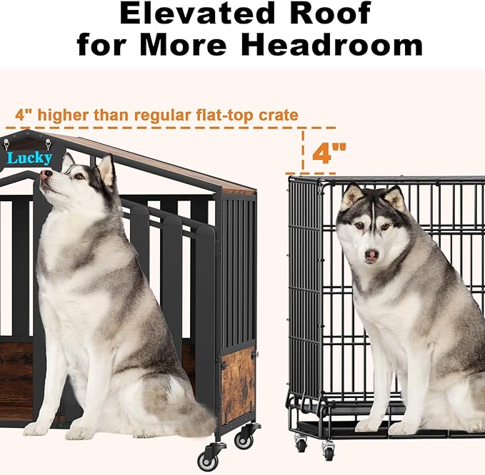 EasyCom 48“ XXL Heavy Duty Dog Crate Furniture with Wheels, Dog Crates for Large Dogs(Over 60lb), Extra-Wide Thick Steel Plates for Chew Resistance, with Feeding Window and Name Tag, Rustic Brown