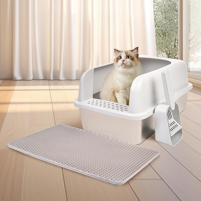 Henkelion Stainless Steel Cat Litter Box with Lid, 24" L x 16" W x 11.8" H, Extra Large Litter Box for Big Cats with High Sided, Anti-Urine Leakage, Easy Cleaning, Include Cat Mat and Scoop