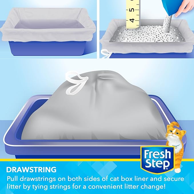 Fresh Step Drawstring Cat Litter Box Liners, Unscented Heavy Duty Kitty Litter Bags for Large Oval or Rectangle Pans, Helps Contain Odor and Mess, Easy Lift Out Cleanup, 30 x 17 in, 15 Count