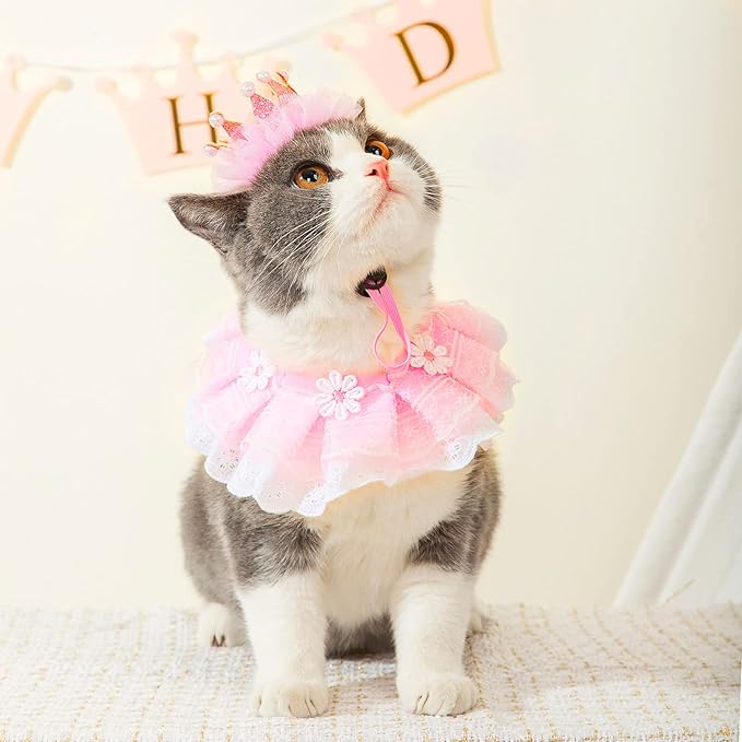 Cat Princess Costumes Cat Crown Hat & Lace Bandana Scarf Set, Puppy Party Hat for Small Dogs & Cats, Lace Outfit for Cats and Small Dogs Birthday Party (Pink)