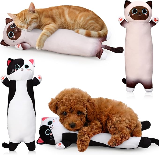 2 Pcs Large Kitty Shaped Pillows for Dogs and Cats Pet Plush Gifts Long Body Stuffed Animal Sleeping Pillows for Medium Large Sized(Cute,Brown,White)