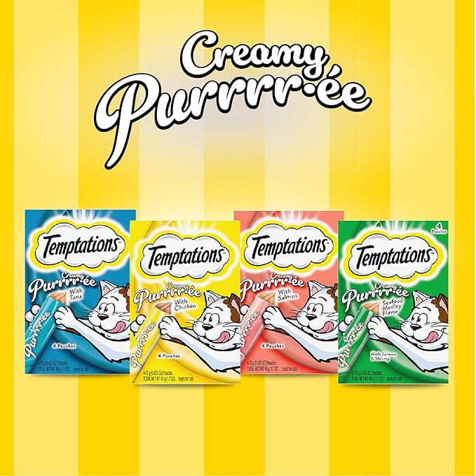 Temptations Creamy Puree Squeezable Lickable Cat Treats, Wet Cat Treats with Tuna, Salmon, and Seafood Medley Variety Pack, 0.42 oz. Tubes, 48 Count