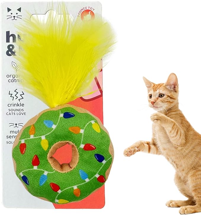Huxley & Kent Plush Cat Toy - Holiday Interactive Catnip Toy for Cats & Kittens - Soft with Crinkle & Catnip - Fun Indoor Play - Lit Donut