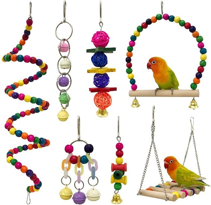 7 Packs Bird Toys for Parakeets, Colorful Parrot Toys with Swings, Bells, Beads, and Perches, Natural Wood Bird Cage Toys for Cockatiels, Lovebirds, Budgies, Conures, and Small Birds