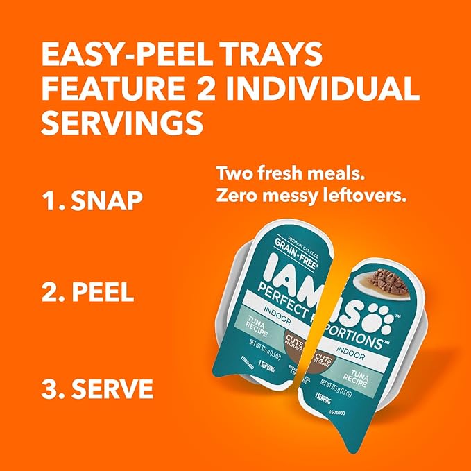 IAMS Perfect Portions Grain Free Wet Cat Food, Indoor Adult Cat Food Wet Cuts in Gravy, Tuna Recipe, (24) 2.6 oz. Twin-Pack Trays