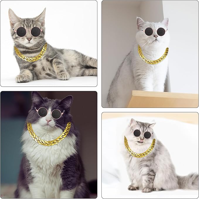 Cat Costume Sunglasses with Collar Chain, Retro Pet Eyeglasses Funny Kittens Costume Docorations Cosplay Dog Puppies Photo Props for Birthday (Gold)