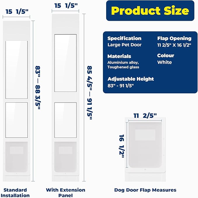 Large Dog Door for Sliding Glass Doors,No-Cut DIY Install Pet Door- Aluminum Frame& Panel & Lock, Adjustable Height 83”-91 1/5”, Suitable for Dogs Up to 105 lbs -White