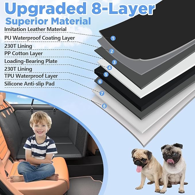 Back Seat Extender for Dogs, PU Leather Dog Car Seat Cover for Back Seat with Hard Bottom, 100% Waterproof, Scratch Proof and Anti Slip Dog Hammock for Car, Holds 400lbs