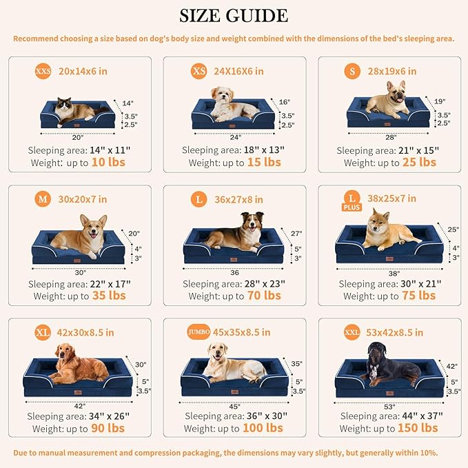 Comfort Expression Orthopedic Dog Bed for Extra Large Dogs 45x35 Inch, Waterproof Egg Crate Foam XL Pet Bed with Removable Bolsters, Dog Couch with Washable Cover & Non-Slip Bottom, Navy Blue