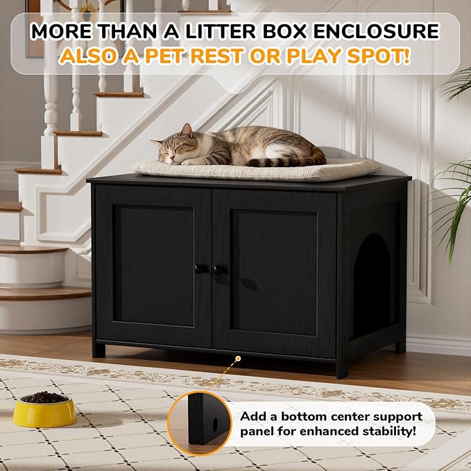 Cat Litter Box Enclosure Furniture Dog Proof, Hidden Kitty Washroom Cabinet Low Entry, Wooden Cat Boxes Enclosure Odor Control for Home, Farmhouse Style Decorative TV Stand with Storage, Black