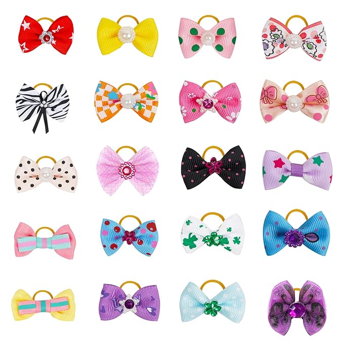 Chenkou Craft Random of 20pcs Puppy Yorkie Dog Hair Bow With Rubber Band Rhinestone Pet Grooming Products Mix Colors Varies Patterns Pet Hair Bows Dog Accessories