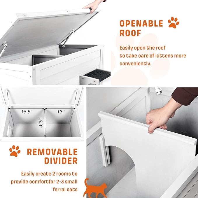 BRIOPAWS Outdoor-Cat-House-Insulated | Feral-Cat-Shelter for Winter | Weatherproof | Large Wooden Pet House for Multiple Cats | Foldable Ladder | Acrylic Side Window | White