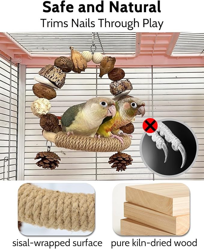 2Pcs Natural Bird Chew Toys, Wood Parakeet Swing Toys with Sisal Wrap for Claw Grinding, Hanging Safe Chew Toys for Parrot Beak Care, Multi-Play Design Cockatiel Toys for Budgie Conure Keeps Busy