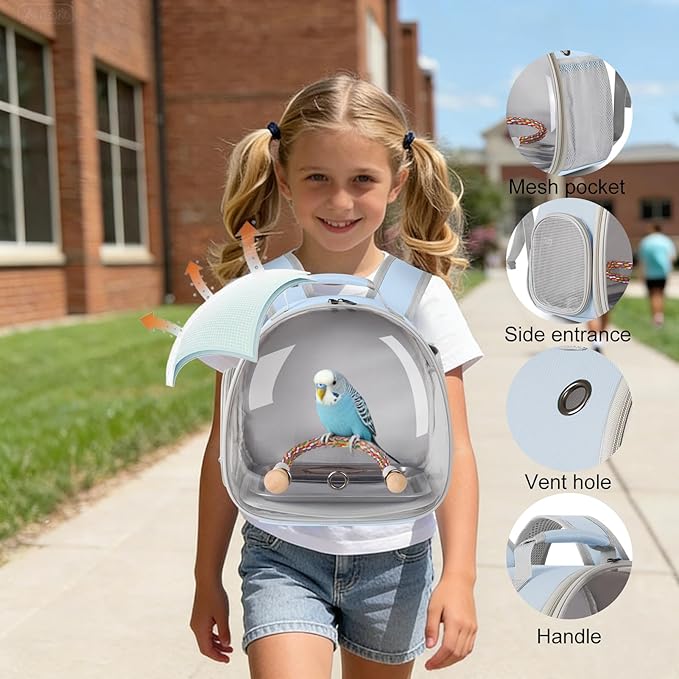 Small Bird Travel Backpack Carrier Cage, Backpack to Transport Backpack Carrier with Metal Tray Stand Perch for Parakeet Cockatiel Budgies Vet Carry Bag