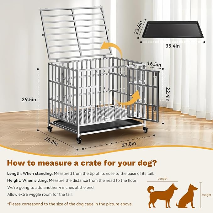 37" Heavy Duty Dog Crate, Escape Proof Stainless Steel Dog Kennel with Top Opening, 4 Lockable Wheels, Easy Clean Metal Dog Cage for Medium-Large/Anxious Dogs