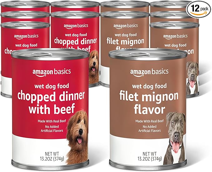 Amazon Basics Chopped Ground Dinner Wet Dog Food Variety Pack, Filet Mignon Flavor and with Beef, Made with Natural Ingredients, 13.2oz Cans (Pack of 12)