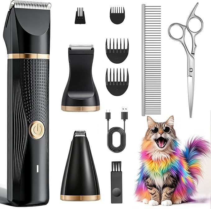 Cat Grooming Clippers Kit with Paw Trimmer, 3 in 1 Electric Pet Hair Trimmer Supplies for Thick Matted Hair, Heavy Coat Butt Shaver Cat Razor Fur Trimmer for Dogs at Home (Black)