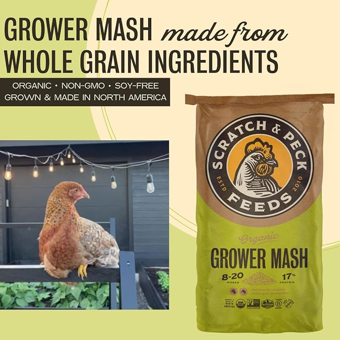 Scratch and Peck Feeds Whole Grain Grower Mash Chicken and Duck Feed - 40 lbs Bag - Corn-Free and Soy-Free - 17% Protein, Certified Organic and Non-GMO Project Verified Chicken Food