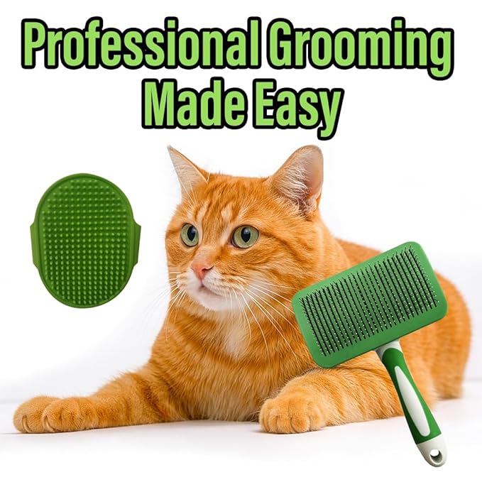 2 Pcs Self Cleaning Slicker Brush & Bath Brush For Dogs and Cats - Skin Friendly Deshedding Grooming Tool, Premium Pet Supplies, Green