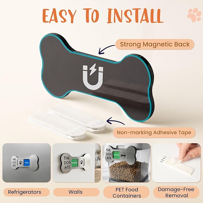 Dog Feeding Reminder Supplies with Magnet, Bone-Shaped Design Brushed Silver, Acrylic Pet Nursing Schedule for Breakfast & Dinner, Feed Slider with Bone Pattern, 2 Stickers 5.5 x 2.6inch