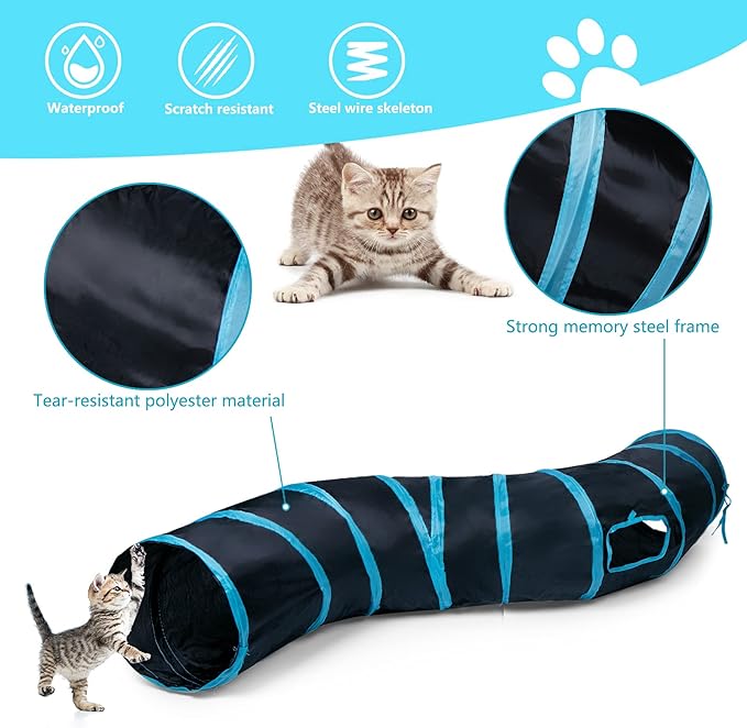 Sheldamy Cat Tunnel, S-2-Way Cat Tunnels for Indoor Cats, Collapsible Cat Play Tunnel, Interactive Toy Maze Cat House with 1 Play Ball for Cats, Puppy, Kitty, Kitten, Rabbit (Blue & Black)
