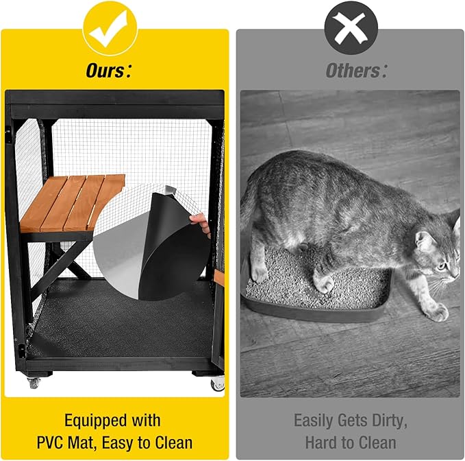 Aivituvin Catio Outdoor Cat Enclosure Wooden Cat Cage with Window Access Large Kitty House on Wheels 62.4’’ Indoor Patio Black