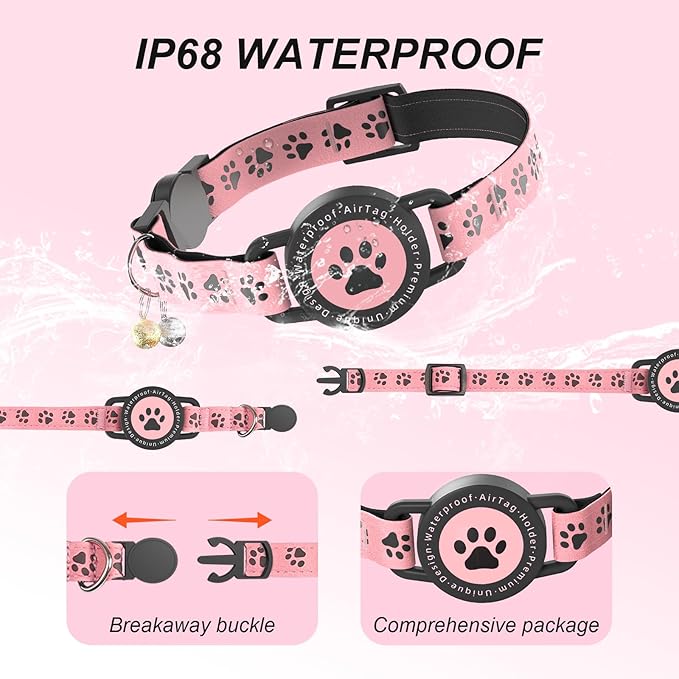 GPS Tracker for Cats, Waterproof GPS Cat Trackers Cats Collar with Bells, No Subscription, GPS Cat Collar, Adapt with Apple Find My (iOS Only) Finder Tag for Items Vehicles, Pets, Kids (Pink)