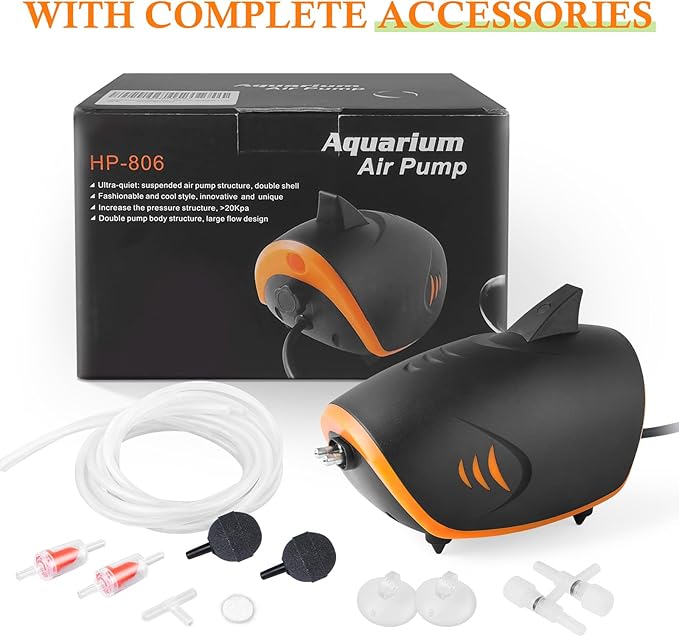 HITOP 4W 110GPH Powerful Aquarium Air Pump, Quiet 2-outlets Aquarium Aerator, Adjustable Fish Tank Air Pump with Accessories, for 20-200 Gallon Tank, with ON/Off Button and LED-Decor