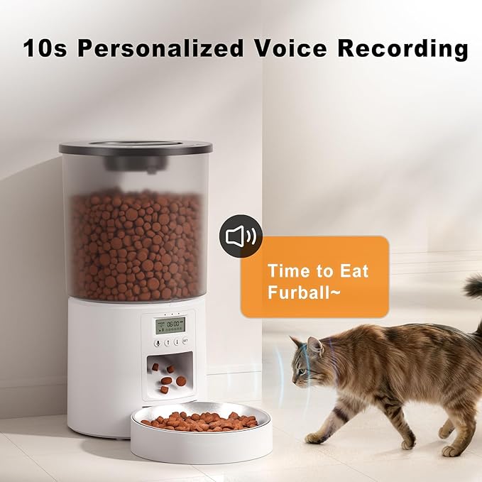 Automatic Cat Feeder for 2 Cats,6 Meals/Day,Dual Power,Dry Pet Food Autofeeder Portion Control,Timer Setting,10S Voice Record (Transparent White, 4.2L-Stainless Steel 2 Bowls)