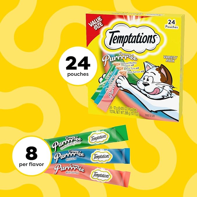 Temptations Creamy Puree Squeezable Lickable Cat Treats, Wet Cat Treats with Tuna, Salmon, and Seafood Medley Variety Pack, 0.42 oz. Tubes, 24 Count