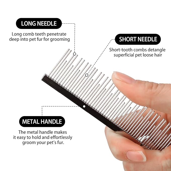 Professional Pet Steel Comb, Stainless Steel Dematting Com for Dogs and Cats, Long and Short Teeth for Removing Mats, Tangles, Knots