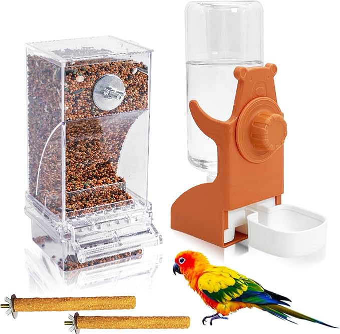 VCEPJH No Mess Bird Feeder and Water Dispenser Automatic Parrot Feeder Cage Accessories Orange Bird Drinker Parakeet Seed Dispenser with Cage Perch for Lovebirds Conures Budgies Canary Finch (Orange)
