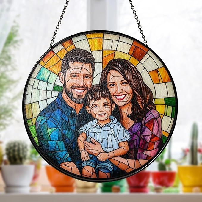 Custom Family Portrait Glass Catcher, Custom Portrait Stained Glass Catcher for Window Hanging, Gift for Dad, Personalized Family Portraits Stained Glasss Catchers, Memorial Gifts /16